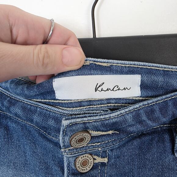 Kancan Medium Wash Distressed Raw Hem High Rise Sian Flare Jeans Size 25 - Picture 3 of 7
